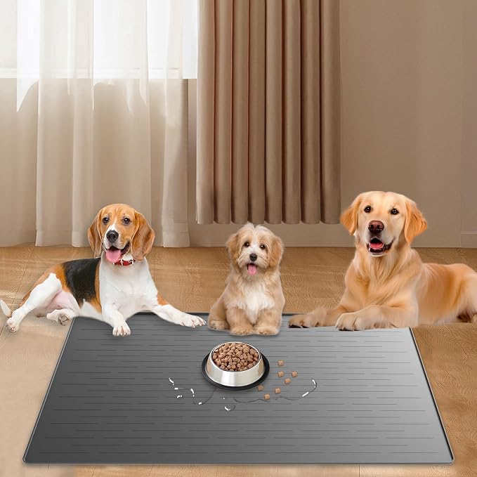 40"x30" Extra Large Silicone Pet Food Mat, XXL Pet Feeding Mat with Raised Edges, Waterproof Dog Bowl Mat for Food and Water, Cat and Dog Placemat for Floors, Light Gray by WelcometoLOGIFTVE