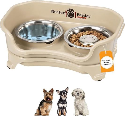 Neater Feeder Express Mess Proof Dog Bowls Elevated for Small Breed – Made in USA – No Spill Raised Slow Feeder Elevated Dog Bowl Stand, Stainless Steel Food and Water Bowl Set, Almond by NeaterPets