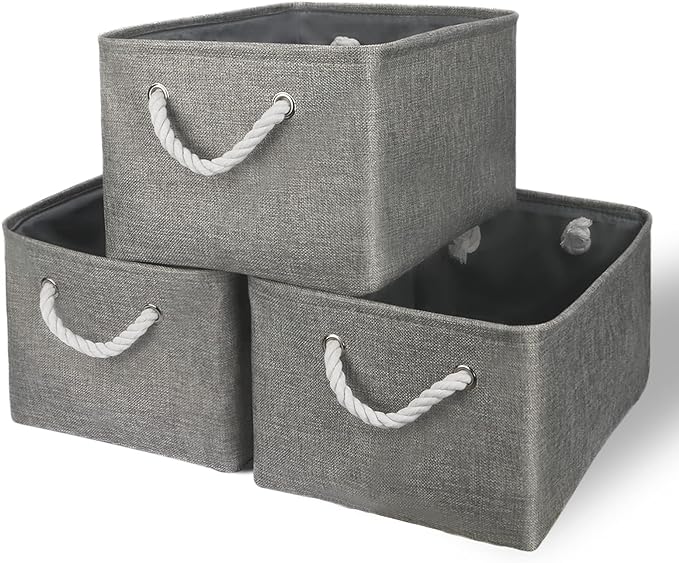 TheWarmHome Storage Bins - Medium 3 Pack Storage Baskets for Organizing Shelves | Fabric Storage Cubes Organizer for Linen Closet Nursery Home Decor Grey by TheWarmHome