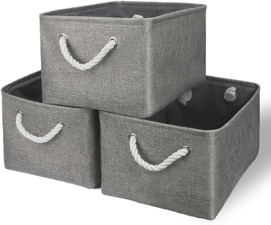TheWarmHome Storage Bins - Medium 3 Pack Storage Baskets for Organizing Shelves | Fabric Storage Cubes Organizer for Linen Closet Nursery Home Decor Grey by TheWarmHome
