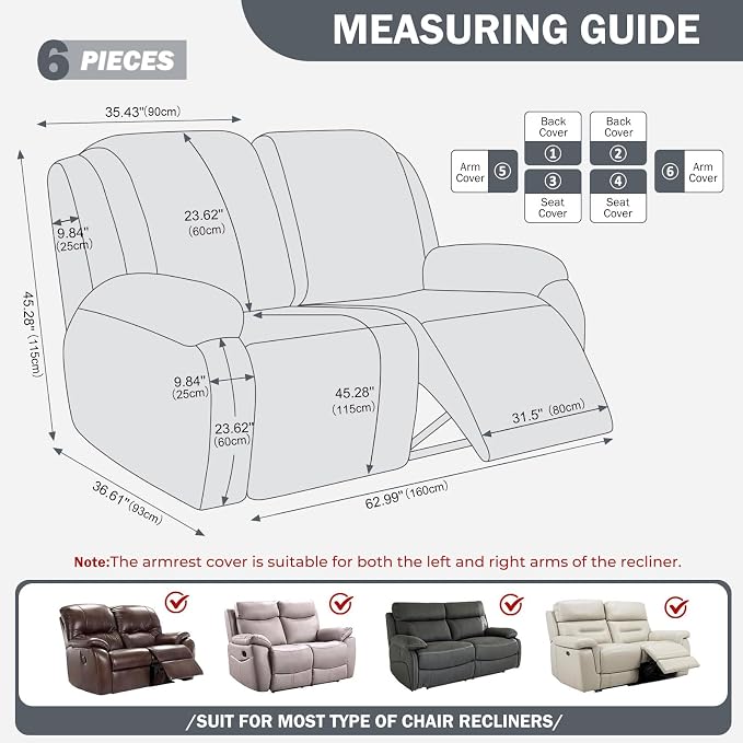 vctops Diamond Recliner Loveseat Slipcover 6-Pieces Stretch Dual Recliner Sofa Covers for 2 Seat Dual Reclining Loveseat Couch Soft Solid Furniture Protector (Grey,2 Seat) - Image 2