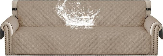 Waterproof Couch Cover for Pets Large, Sofa Covers for 3 Cushion Couch Washable, Non Slip Couch Covers for Dogs with Side Pockets, Quilted Couch Covers (Oversized Sofa, Light Brown) by CYCMACOHOME