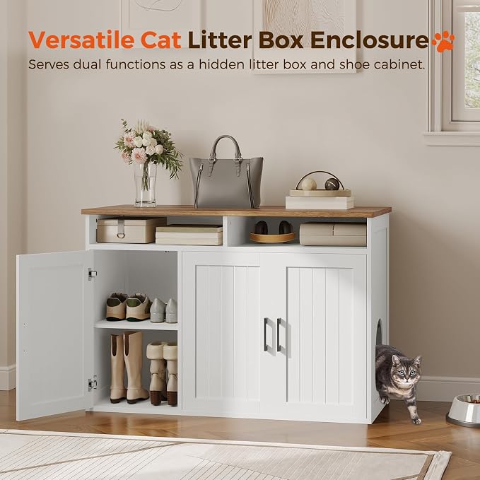 MAHANCRIS Cat Litter Box Enclosure for Self Cleaning Litter Boxes, Large Hidden Litter Box Furniture with Shelves, Wooden Cat Washroom Storage Cabinet, Automatic Litter Box Enclosure, White CWBZ3001 - Image 7
