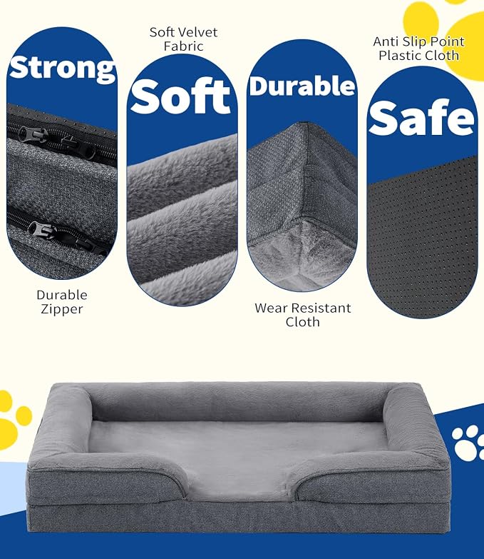 MADE 4 PETS Orthopedic Dog Bed for Large Dogs, Supportive Foam Big Large Pet Bed Sofa with Washable Removable Cover, Waterproof Dog Couch Bed, Non-Slip Bottom and Egg-Crate Foam, Grey - Image 4