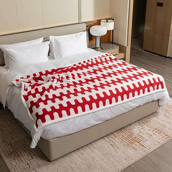 Waterproof 85x85in Pet Blanket Red Stylish Jacquard Sharpa Fleece Dog Blankets for King Size Bed Couch Sofa Covers Furniture Protection Washable Reversible Covers (Red Wave,XXL) - Image 2