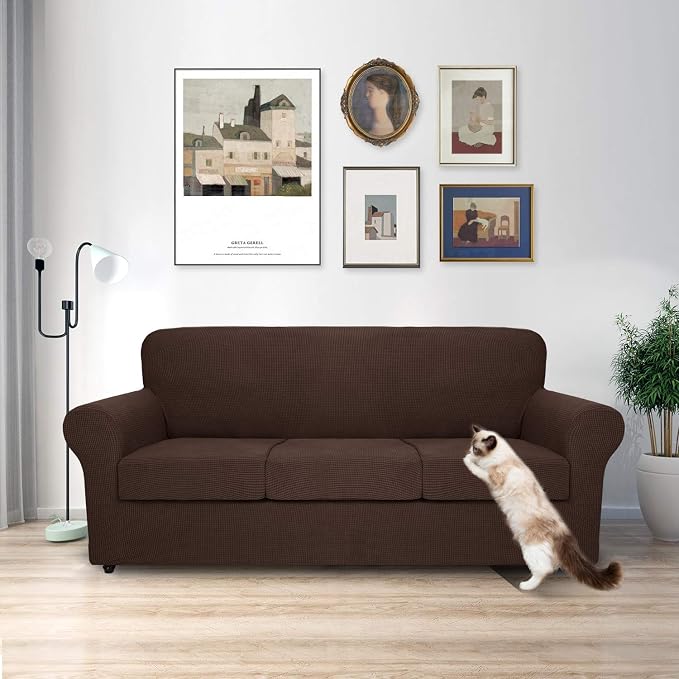 MAXIJIN 4 Piece Couch Covers for 3 Cushion Couch Super Stretch Sofa Cover for Dogs Pet Proof Fitted Furniture Protector Spandex Jacquard Non Slip Magic Couch Slipcover Washable (Extra Large, Coffee) - Image 2