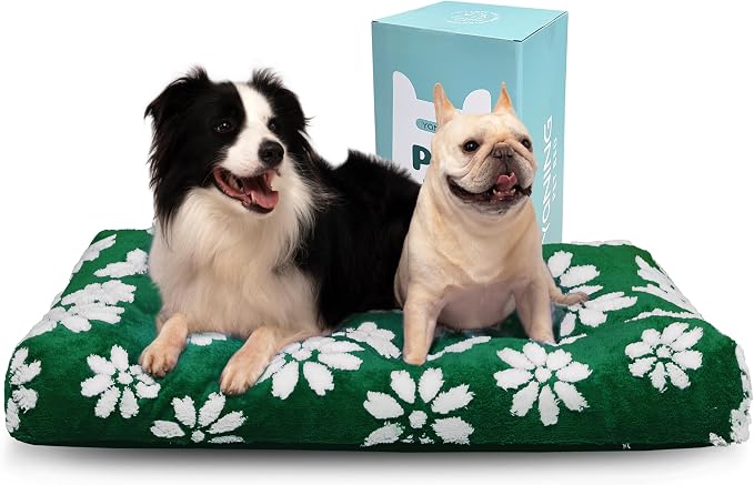Cute Fluffy Dog Beds for Extra Large Dogs, 41"x 28", Green Flower | Thick Dog Bed for Crate Kennel, Pet Bed with Removable Washable Cover, Anti-Slip Bottom by Yaning