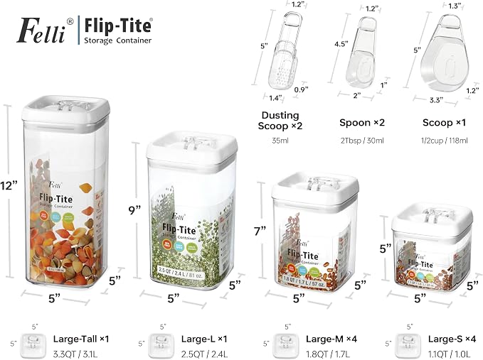 Felli Flip Tite Food Storage Container with Scoop & Lid 5" LARGE Airtight Ring Top, Acrylic Canister for Sugar Flour Baking Powder Rice Pasta, Kitchen Organizer Christmas Gift Set (10pk, Variety) - Image 3