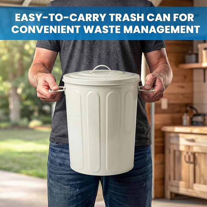 Plexon 5 Gallon Small Metal Trash Can with Lid Outdoor Galvanized Steel Bucket with Lid 5 Gal Storage Can for Dog Food Bird Seed Storage Container, Off-White 3 Pack - Image 4