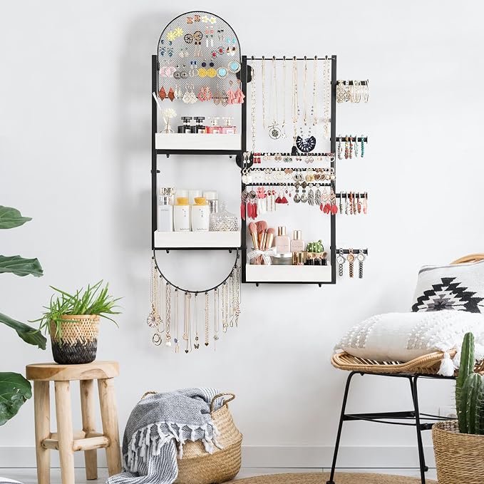 Keebofly Wall Mount Hanging Jewelry Organizer - Large Display Holder for Earrings, Rings, Necklaces, Bracelets, Watches and Perfume - White - Image 7