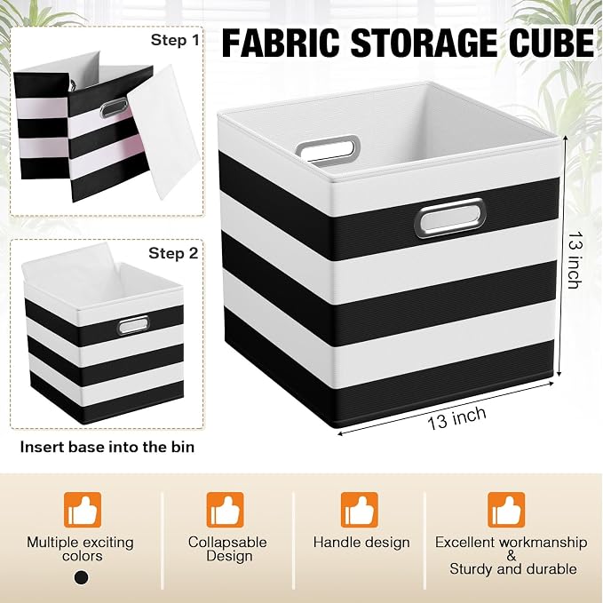 CroBlissful 13 Inch 6 Pack Fabric Storage Cubes with Metal Handles, Back to School Collapsible Organizer Bins for Classroom, Closet, Student Room, Toys and School Supplies (Black and White) - Image 3