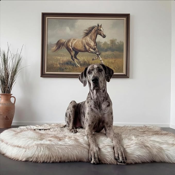 Faux Fur Orthopedic Dog Bed, Memory Foam, White w/Brown Tips 60"x35" | Plush Washable Dog Rug with Waterproof Machine Washable Cover, Calming for Anxious Senior Dogs, Relieves Joints - Image 2