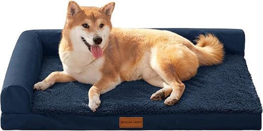 Patas Lague Orthopedic Large Dog Bed Pet Sofa Beds 36''X24'' Navy Blue | L Bolster Egg-Crate Foam Dog Couch For Large Sized Dogs, Waterproof Removable Washable Cover, Pet Mat with Nonskid Bottom by PatasLague