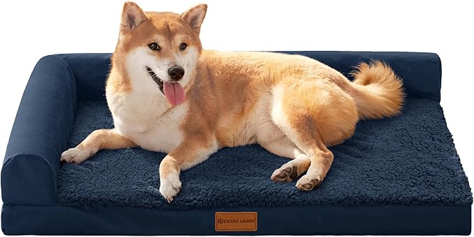 Patas Lague Orthopedic Medium Dog Bed Pet Sofa Beds 30''X20''Navy Blue | L Bolster Egg-Crate Foam Dog Couch For Medium Dogs, Waterproof Removable Washable Cover, Pet Mat with Nonskid Bottom by PatasLague