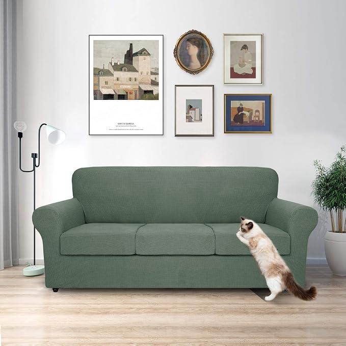 MAXIJIN 4 Piece Couch Covers for 3 Cushion Couch Super Stretch Sofa Cover for Dogs Pet Proof Fitted Furniture Protector Jacquard Non Slip Magic Couch Slipcover Washable (Extra Large, Pea Green) - Image 2
