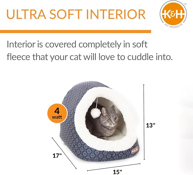 K&H Heated Cat Bed, Thermo-Pet Cave Indoor, Safety Listed, 4W, Navy/Geo | Removable Waterproof Cat Heating Pad, Heated Pet Bed for Dogs & Cats, Covered Cave Pet Tent, Collapsible, Machine Washable - Image 2