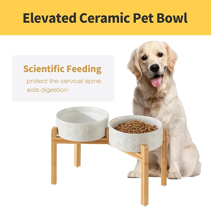 Elevated Ceramic Dog Bowl Set, Anti-Skid Bamboo Stand, White, 8.3 inch | Food and Water Bowls with Fixed Non-Slip Rubber Ring, Microwave Safe, Easy to Clean, 7.5 Cup per Bowl, for Large Breed Dogs - Image 2