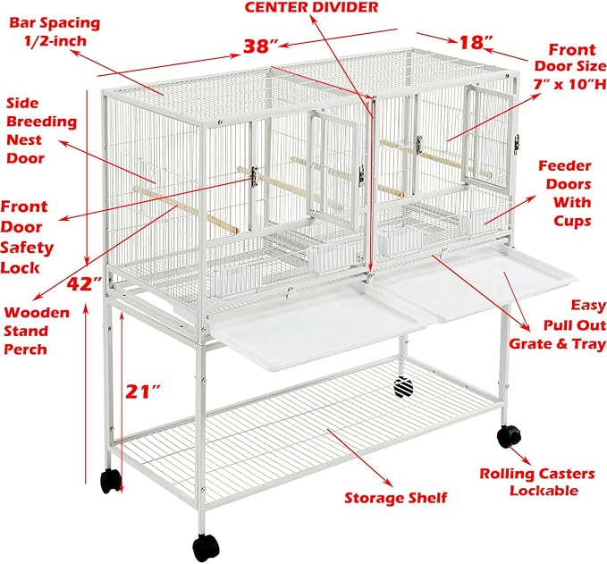 Durable Wrought Iron Single Stackable Center Divided Breeder Breeding Bird Flight Double Rolling Cage Storage Shelf for Aviaries Canaries Cockatiels Lovebirds Finches Budgies Small Parrots - Image 2