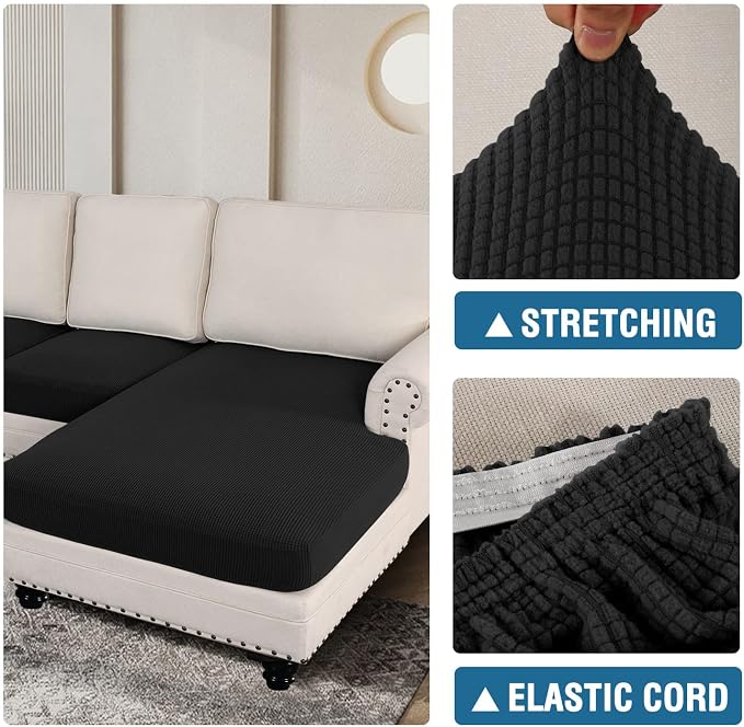 H.VERSAILTEX Sectional Couch Covers 3 Pieces Sofa Seat Cushion Covers L Shape Separate Cushion Couch Chaise Cover for Both Left/Right Sectional Couch (Seat Only: 1 Chaise + 2 Sofa, Black) - Image 6