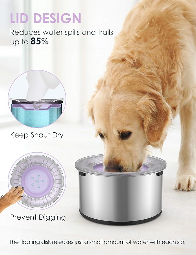 Heouvo 1 Gallon No Spill Dog Water Bowl with Slow Drinking Disk(Purple) | Splash-Proof Lid + Stainless Steel Bowl/Rubber Bottom/Slobber Stopper Water Bowl for Large Sloppy Messy Drinkers Reduce Mess - Image 4