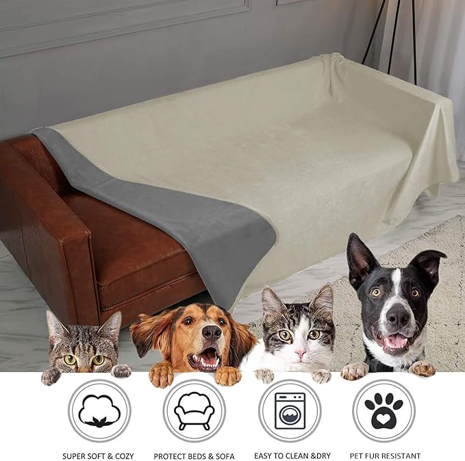 Ameritex Pet Bed Blanket Reversible 100% Waterproof Velvet Super Soft for Sofa and Bed (68x82 Inches, Cream+Grey) - Image 4
