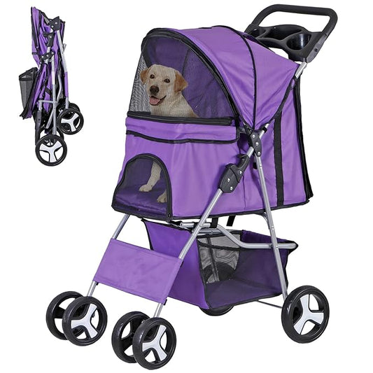 Pet Stroller 4 Wheels Dog Cat Stroller for Small Medium Dog Cats Carrier Jogger Travel Foldable Puppy with Storage Basket and Cup Holder (Purple)