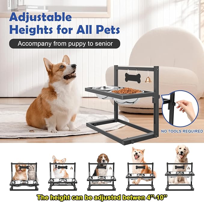 Elevated Dog Bowls for Medium and Small Dogs, 5 Height Adjustable & 2 Stainless Steel Bowls 800ml/27oz, Raised Food Dog Water Stand - Image 3
