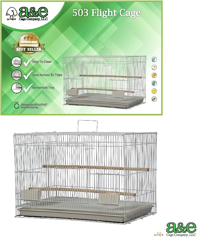 A&E Cage Co 503 Flight Bird Cage for Finches & Parakeets, 24"x16"x16" White | 2 Feeder Stations, Wood Perch, Slide-Out Cleaning Tray, Carry Handle, Safe Bar Spacing for Small Birds - Image 5