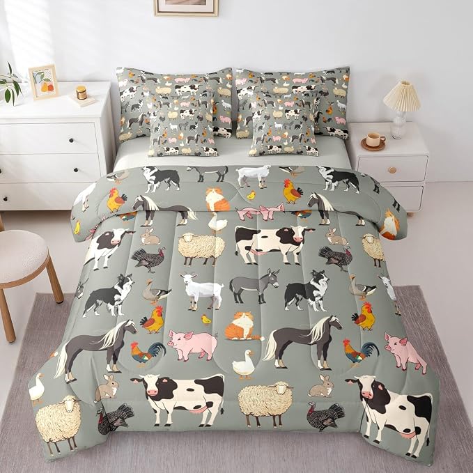 Erosebridal Farm Animals Comforter Sets with Sheets, Cartoon Animal 7 Piece Bedding Set for Kids Boys Girls Cute Farmhouse Animal Bed in A Bag Funny Horse Sheep Cow Bed Set Queen, Grey by Erosebridal