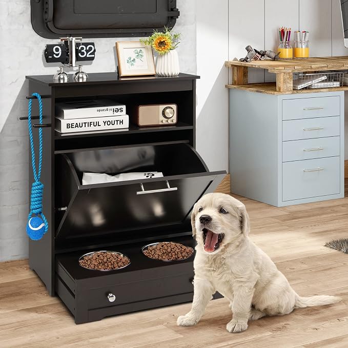 Tangkula Pet Feeder Station, Dog Food Storage Container With Double Pull Out Bowls, Food Toy Organizer Cabinet, Feeding Station Furniture for Dogs Cats Feeding & Watering Supplies (Brown) - Image 2