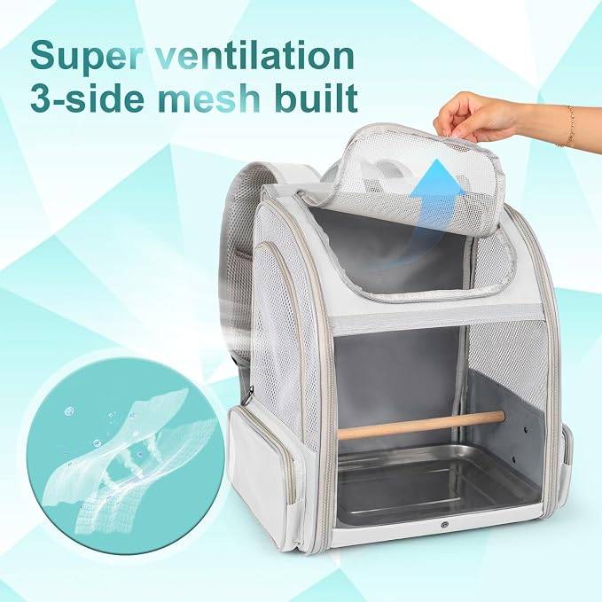 Bird Carrier Backpack for Small to Meidum Bird, Portable Travel Carrier Cage with Standing Perch and Metal Tray (Grey, Backpack Carrier) - Image 4