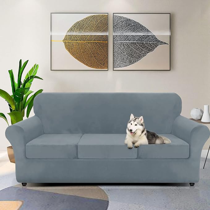 ZNSAYOTX Luxury Velvet Couch Cover 4 Piece (72"-92") Stretch Sofa Covers for 3 Cushion Couch Thick Soft Sofa Slipcover with Non Slip Strap, Dog Pet Friendly Nice Furniture Protector (Light Grey) - Image 2
