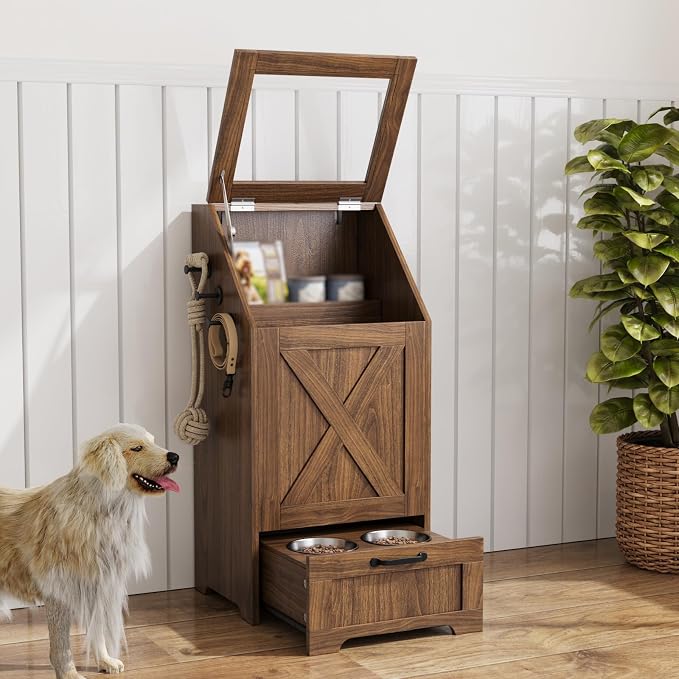 Dog Feeding Station with Storage Cabinet and 2 Elevated Dog Bowls, Hidden Pet Food Storage Organizer for Dog &Cat,Modern Dogs Furniture (Walnut) by Unknown