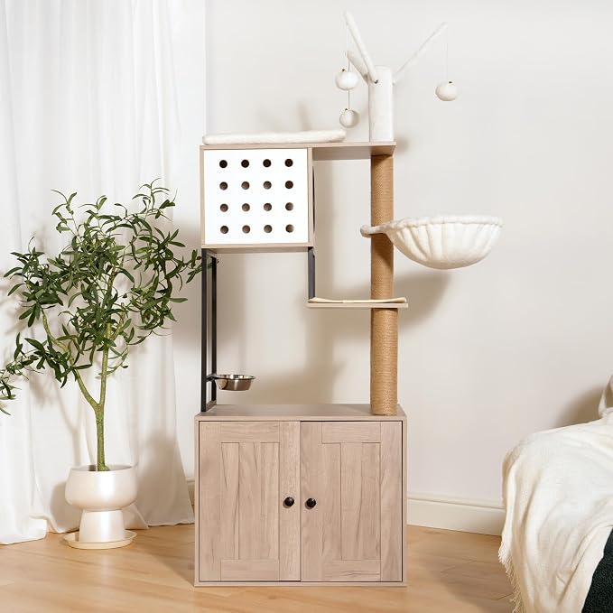 Cat Tree with Litter Box Enclosure - Modern Cat Condo with Scratching Posts, Feeding Bowl & Removable Pompom Sticks, Gray - Image 5