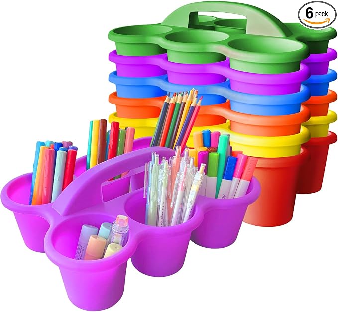 6 Pack Classroom Caddy Organizer with Handle Multicolor Plastic Table Caddy 6 Compartments Storage Cup Holder for School Supplies Art Crafts Crayons Pencils Stackable Desk Caddy for Office by JEChrochen