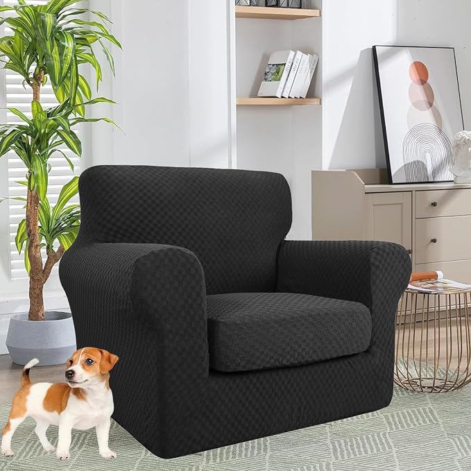 YEMYHOM Latest Checkered 2 Pieces Chair Covers for Living Room High Stretch Thickened Chair Slipcovers with Arms Anti Slip Elastic Armchair Sofa Couch Slipcover Protector (Black), 31"-46"(1 Cushion) - Image 2