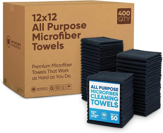 Microfiber Wholesale Bulk Black Microfiber Towels 12" x 12" Case of 400 – High-Density All-Purpose Cleaning Cloths for Car Washes, Auto Shops & Professional Cleaning – No Fraying Reusable Long-Lasting by MicrofiberWholesale