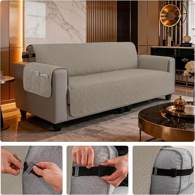 100% Waterproof Couch Cover,Straps&Pockets,pet Friendly,78" Camel | Washable sofa cover, pet-friendly, scratch-resistant furniture protector, quilted sofa cover, reversible, non-slip backing. - Image 6