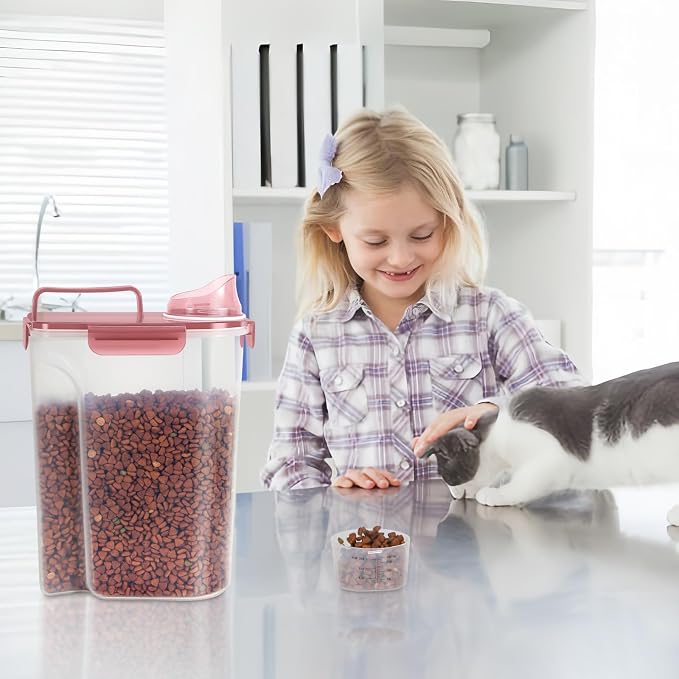 LEAWALK 5-7Lbs/6Qt Dog Cat Storage Container Portable with Upgraded Large Spout and Cup, Plastic Pet Food Dispenser for Small Animal Kibble, Bird Seed, Oatmeal, Rice, Flour, Brown Sugart- Clear pink - Image 8