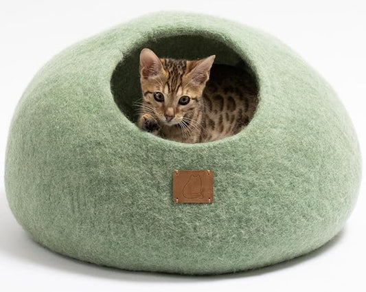 Extra Thick Felted Wool Cat Cave Bed Your Pet Will Love - Cozy and Warm Hideaway for Sleeping & Relaxing - Large and Small Pets - 100% Organic, Durable, Long-Lasting Comfort (Eucalyptus Green, Small) by FuzzyCove
