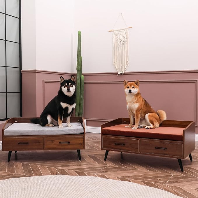 Elevated Dog Bed for Small to Medium Dogs – 32” x 21” Indoor Wooden Pet Sofa with Soft Cushion, Mid-Century Modern Style, Sturdy & Stylish (Walnut)