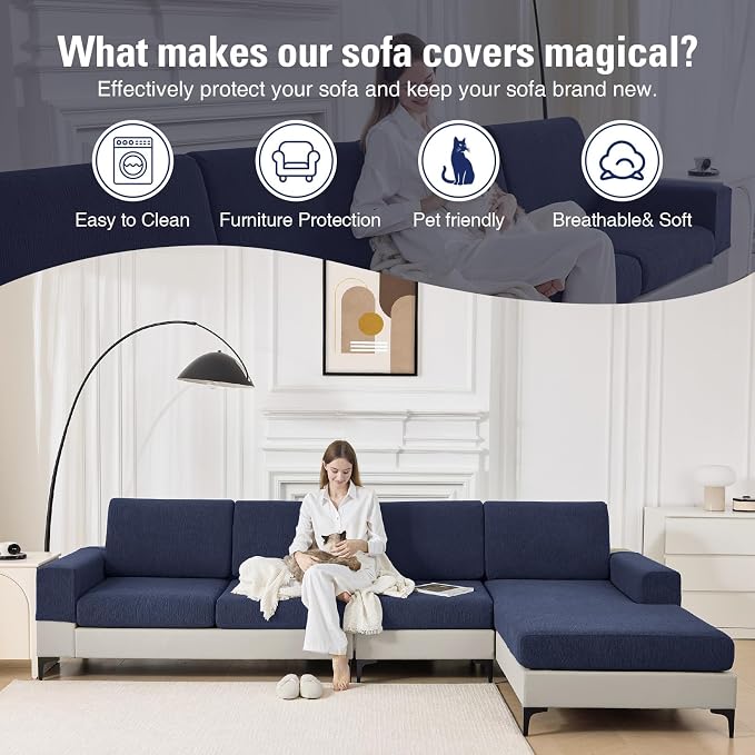 Couch Cushion Covers for Sectional Sofa Stretch Sofa Slipcovers Washable Wear-Resistant Sectional Couch Covers L Shaped Seats Furniture Protectors for Pets(Navy, 2 Seater + 1 Chaise) - Image 6