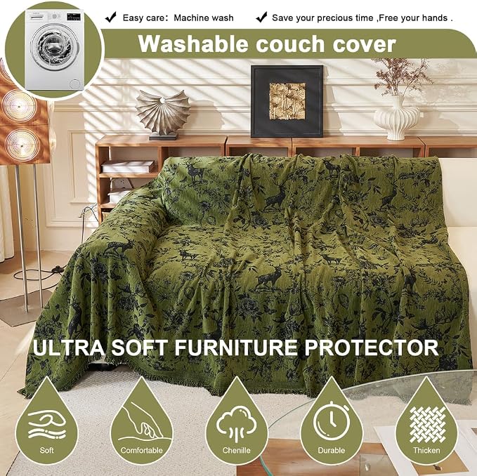ROOMLIFE Green Couch Cover Sofa Covers, Chenille Couches Covers for 3 Cushion Sofas, Non Slip Soft Breathable Sofa Slipcovers for Pet, Washable Furniture Protector with Tassel,71''X134” - Image 4
