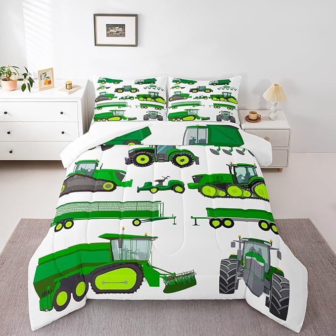 Erosebridal Excavator Comforter Set Queen Kids Cartoon Car Bedding Set Construction Tractor Down Comforter Equipment Trucks Quilt Set for Child Boys Teens Gift,Soft Warm, Bedroom Dercor, Green - Image 2