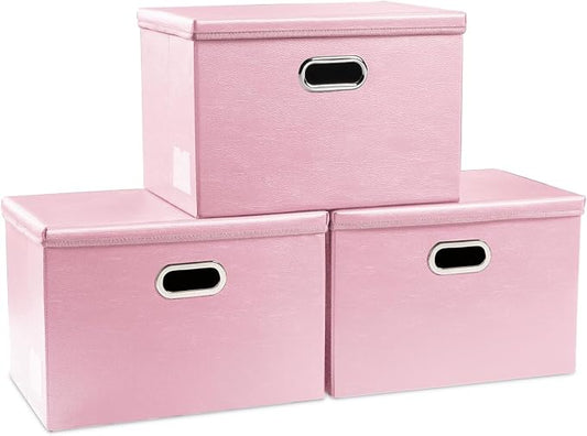 PRANDOM Collapsible Storage Bins with Lids [3-Pack] Leather Fabric Foldable Storage Boxes Organizer Containers Baskets Cube with Cover for Bedroom Closet Office Nursery Pink (14.9x10.8x10) by Prandom