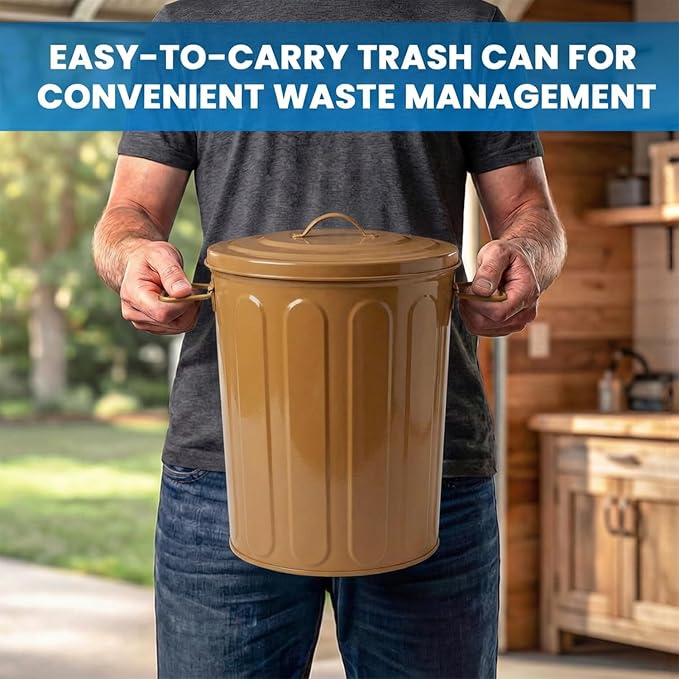 Plexon 5 Gallon Small Metal Trash Can with Lid Outdoor Galvanized Steel Bucket with Lid 5 Gal Storage Can for Dog Food Bird Seed Storage Container, Brown 3 Pack - Image 4