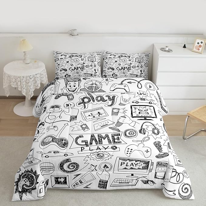 Erosebridal Gaming Comforter Set King, Kids Gamepad Cartoon Bedding Set Video Games Gamers Duvet Set Hip Hop Graffiti Quilt Set Racing Car Comforter Set, Black White Printed Bedroom Decor - Image 2