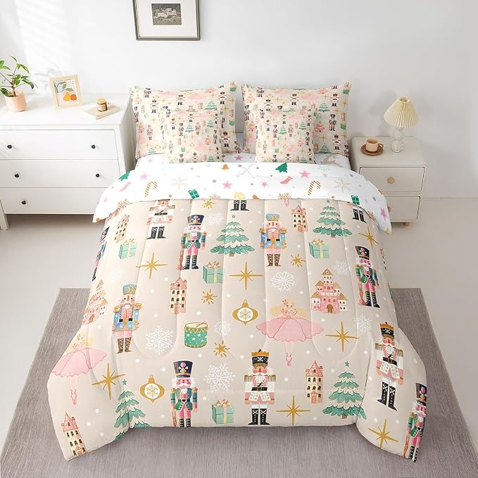 Erosebridal 7Pcs Beige Christmas Comforter Set Twin Size,Princess Nutcracker Bedding Set,Xmas Tree Snow Bed in A Bag for Kids Boys Girls,Starry Sky Christmas Decoration Quilt with Flat Fitted Sheet - Image 3