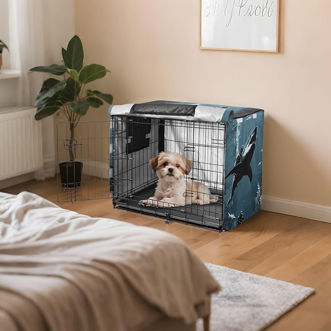 Dog Crate Cover Kennel Cover for Dog Cages Breathable for Wire Cage Indoor Outdoor Shark Scuba Diver Sea Ocean Blue - Image 7