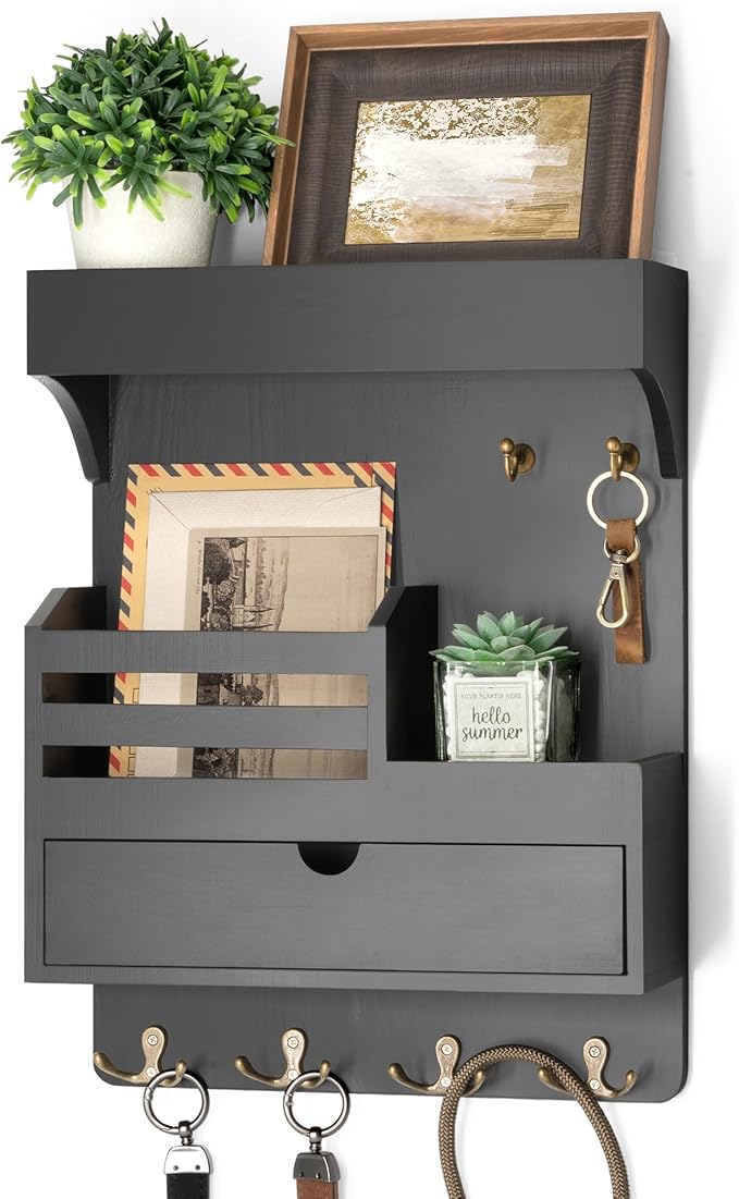 Rebee Vision Key Holder Wall Mount with 6 Key Hooks for Home Decor, Black | Pine Wood, Key and Mail Holder for Wall, Mail Slot for Letters & Bills, Spacious Drawer Organizer, Apartment Storage by REBEEVISION
